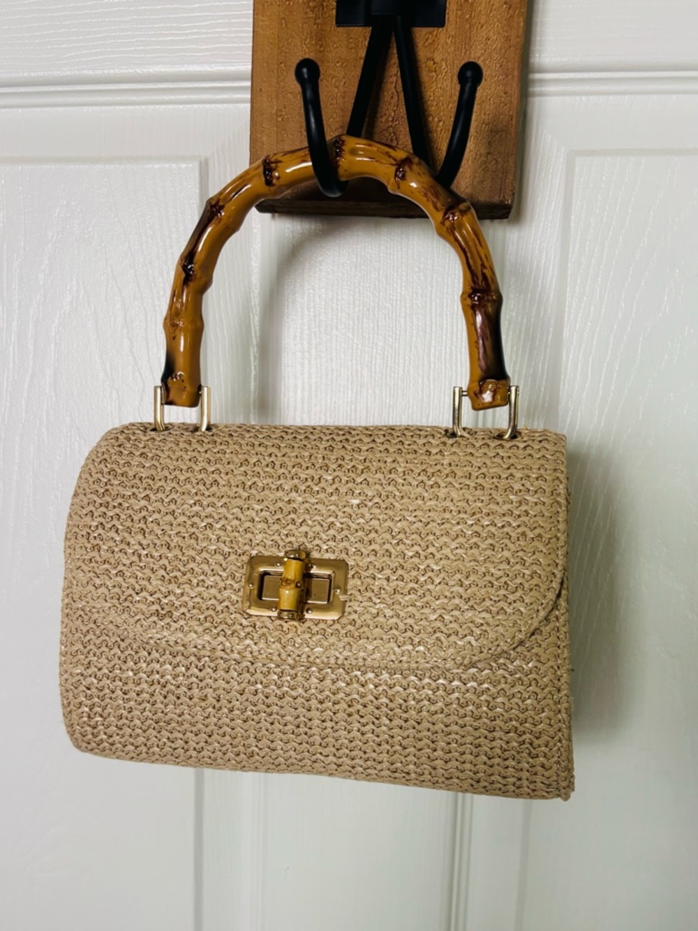 Elegant Woven Straw Bag with Bamboo Top Handle in Natural Color